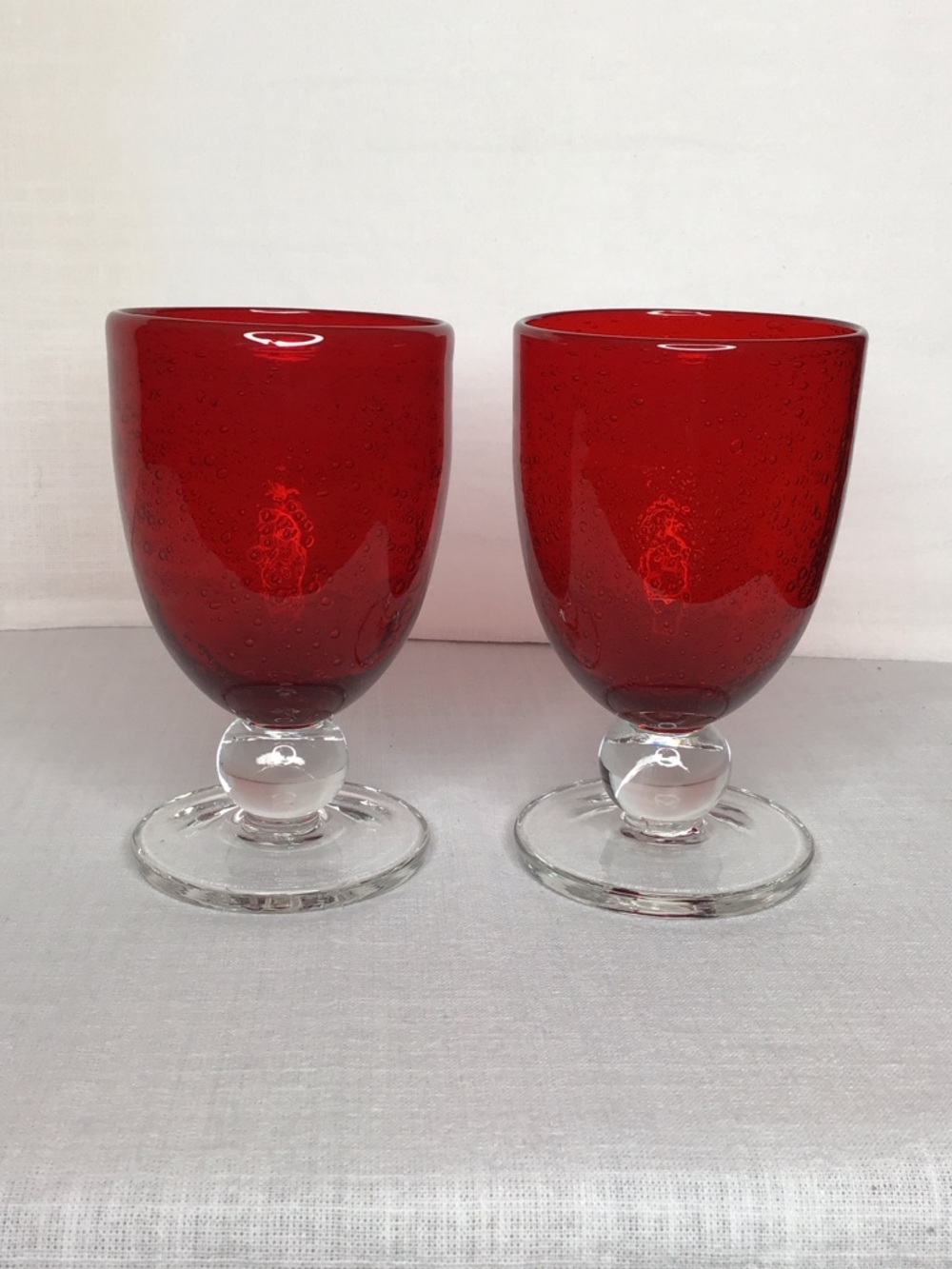 Tag Ltd. Set of 2 Red Hand Blown Bubble Goblets with Clear Stem